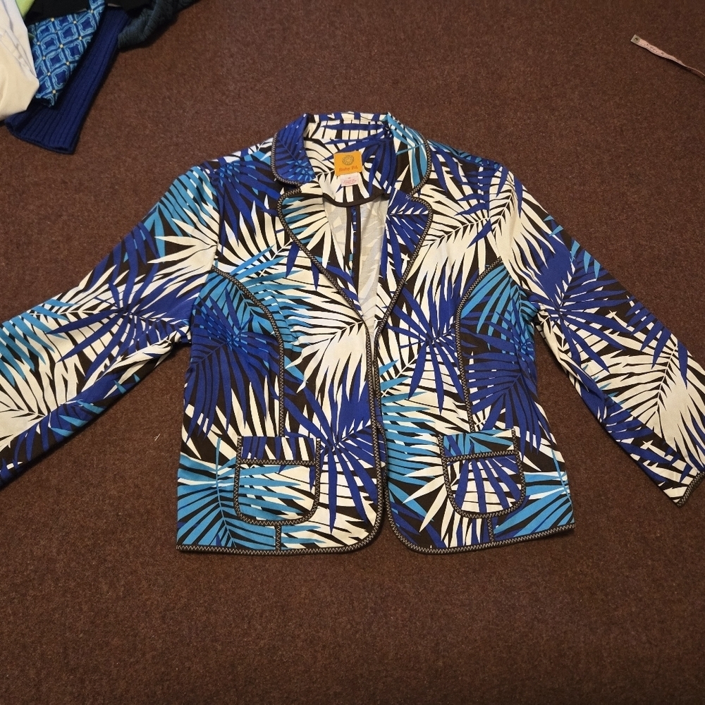 Ruby Rd. Tropical Palm Print Jacket Size 14 Blue Palms Black Trim White Stitches